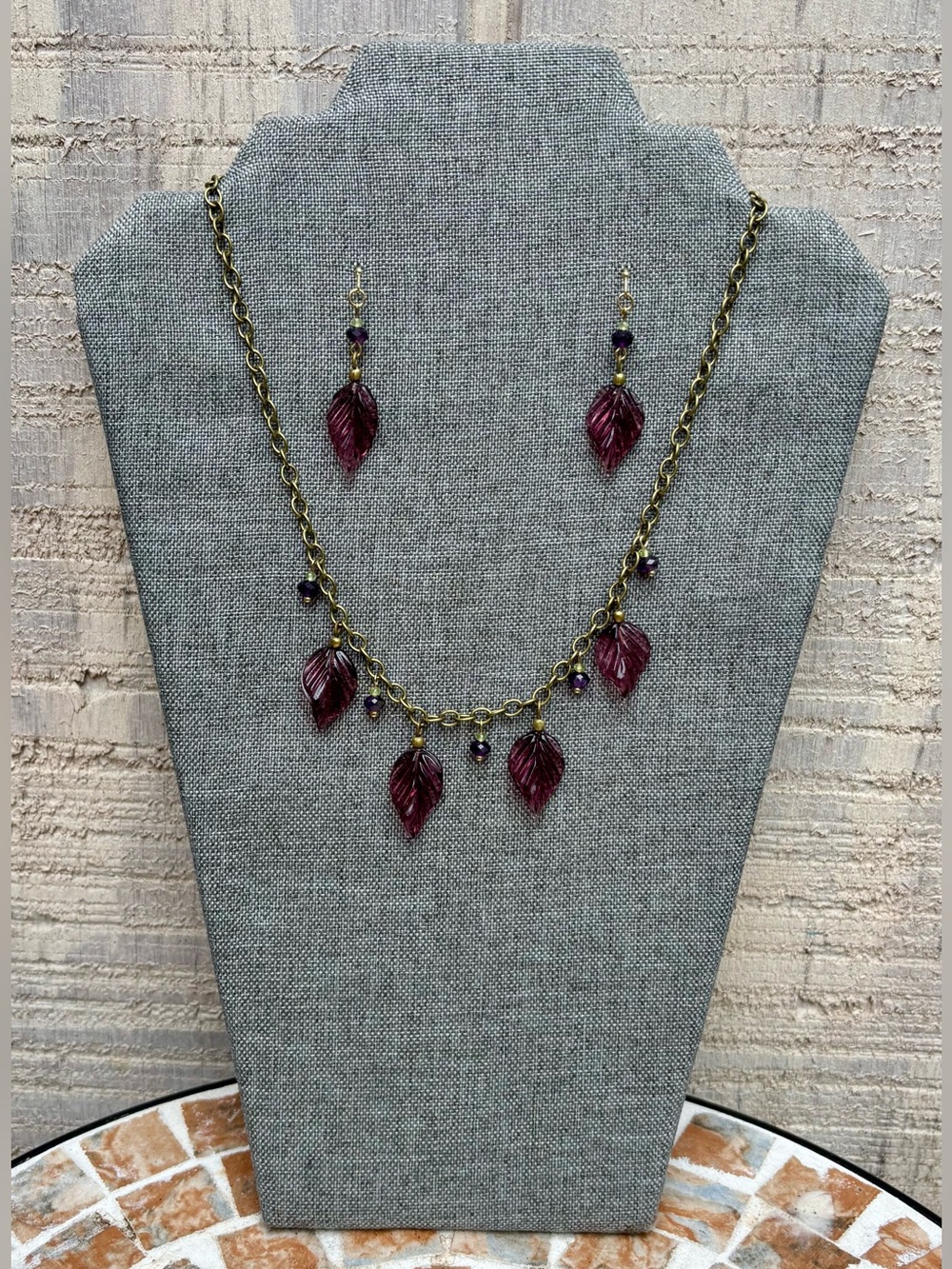 🍂💜Amethyst Peridot Czech Glass Leaf Earrings Necklace Set